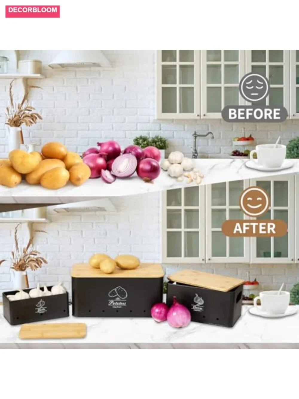 3-Piece Stackable Metal Vegetable Storage Set with Bamboo Lids